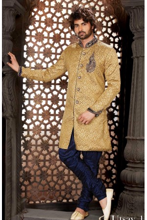 Designer Biscuit Cream Gold Indo Western Sherwani3